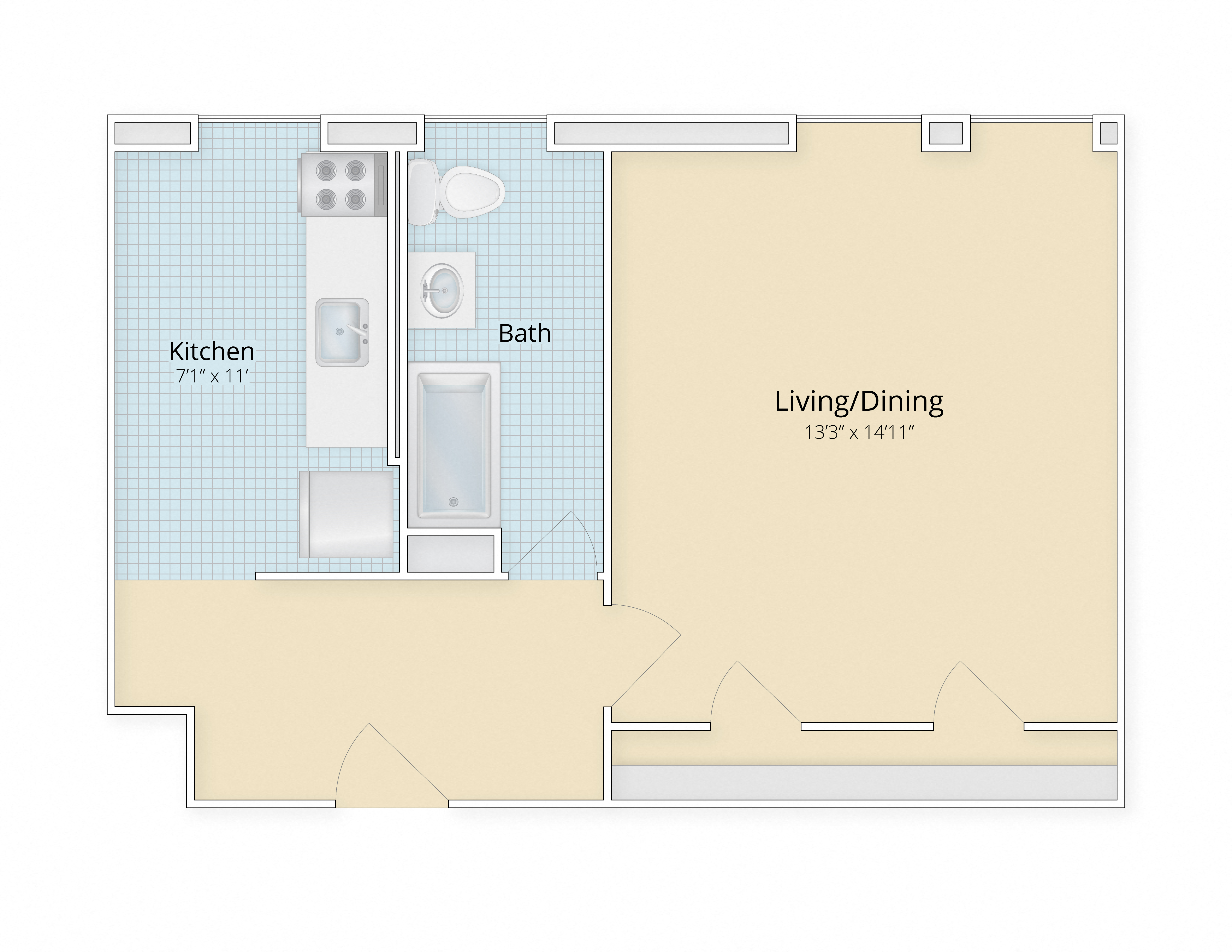 Floor plan for studio, 1 bath, 549 sqft